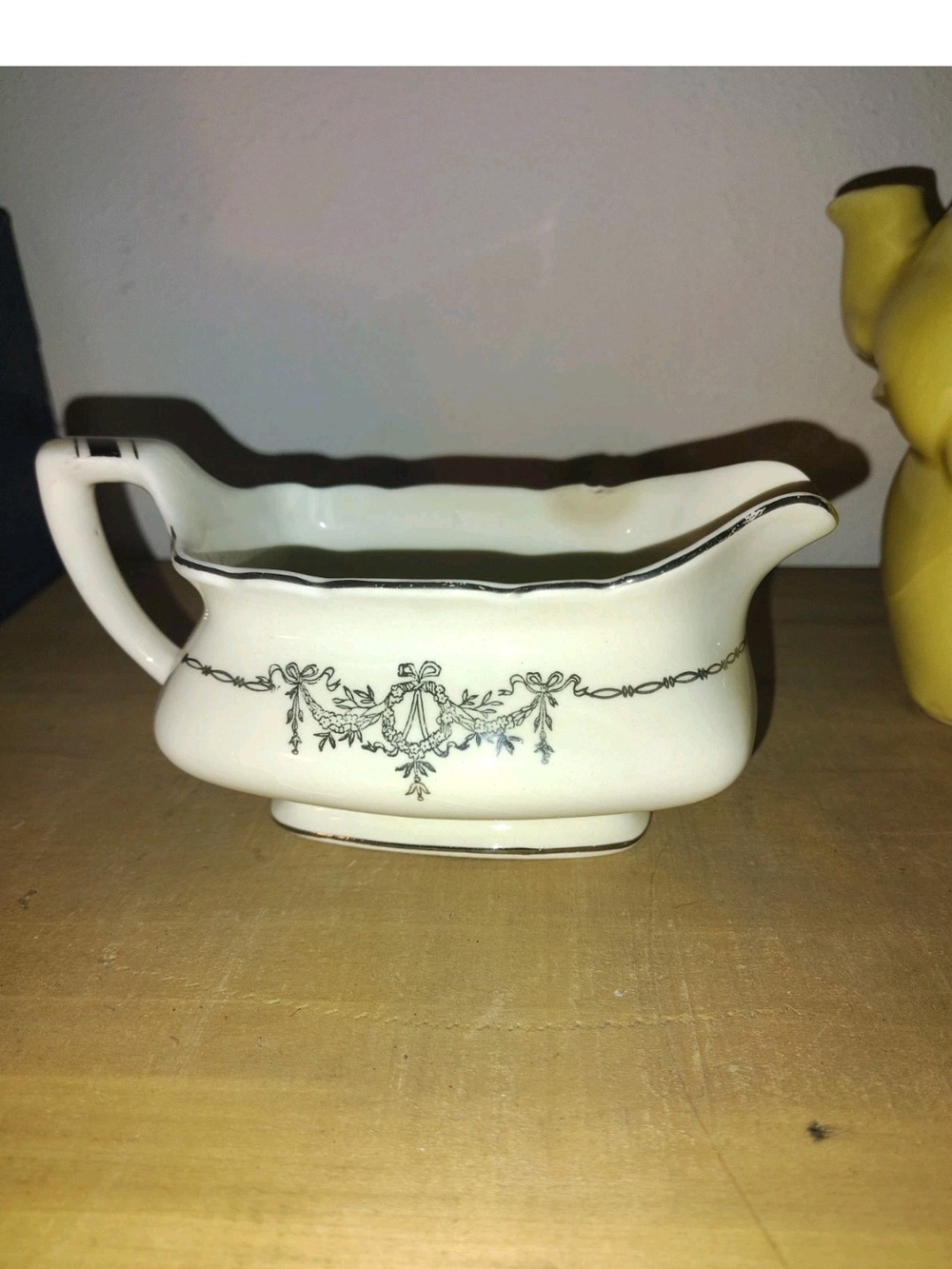Vintage White Ceramic Gravy Boat with Black Floral Garland